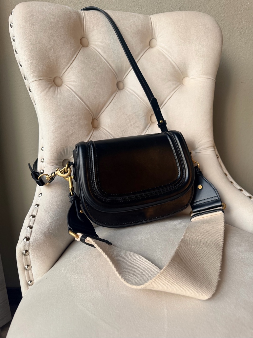 Zara Black Leather Crossbody Shoulder Bag with Canvas Strap